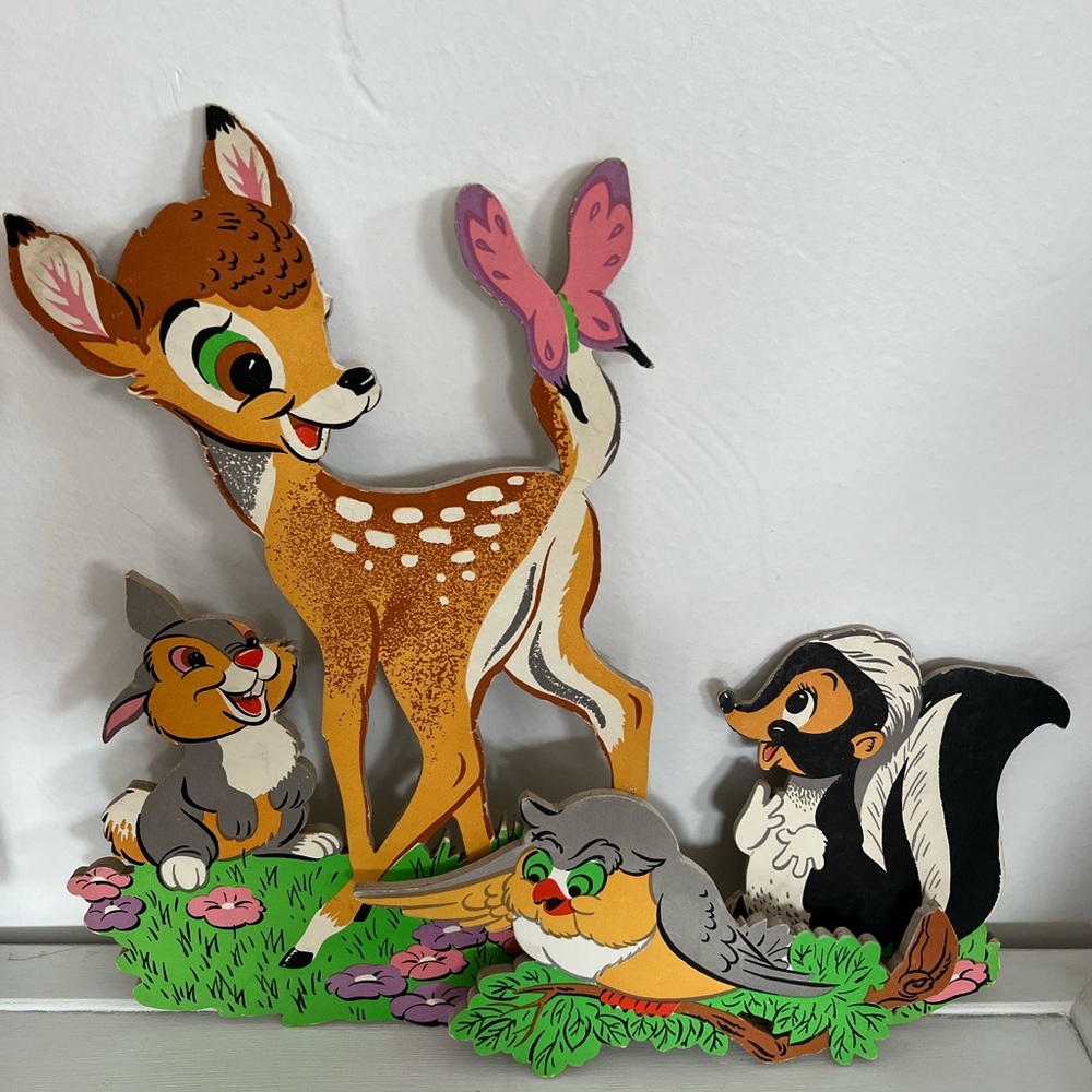 Vintage 1964 Disney Bambi Thumper Flower Owl Wall Art for Kids Nursey 3 pieces